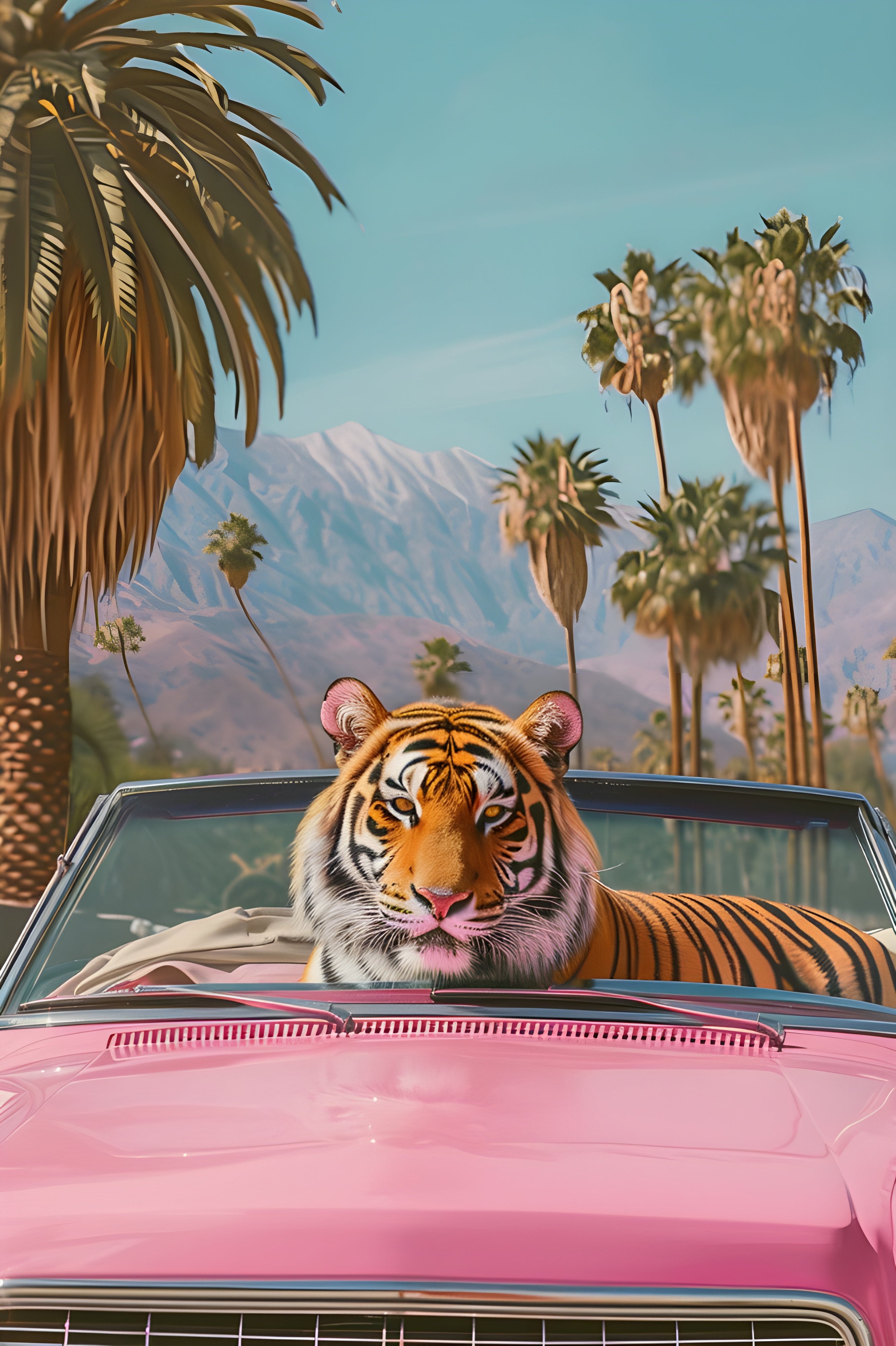 Tigre y auto rosa